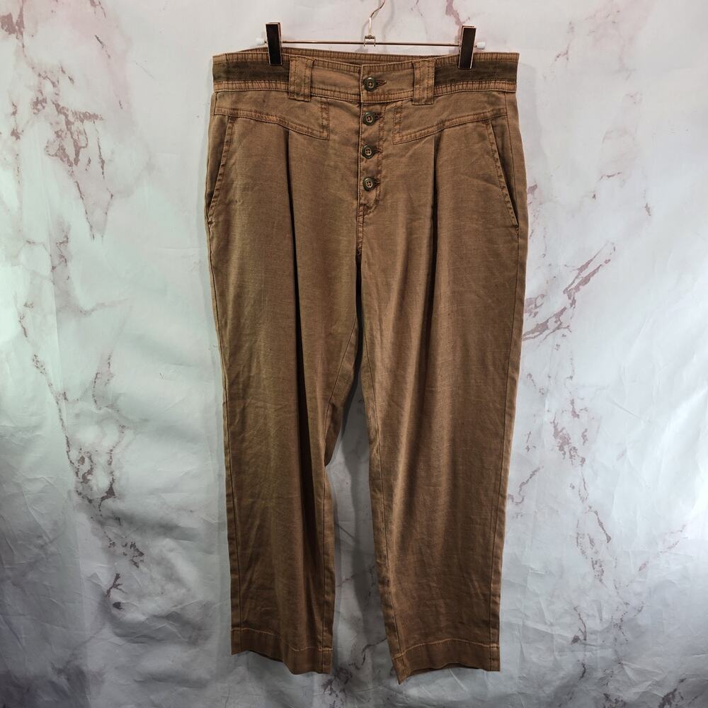 Sundance Pants Womens 10 Petite X 26 Brown Linen High Rise Tapered Exposed Butto